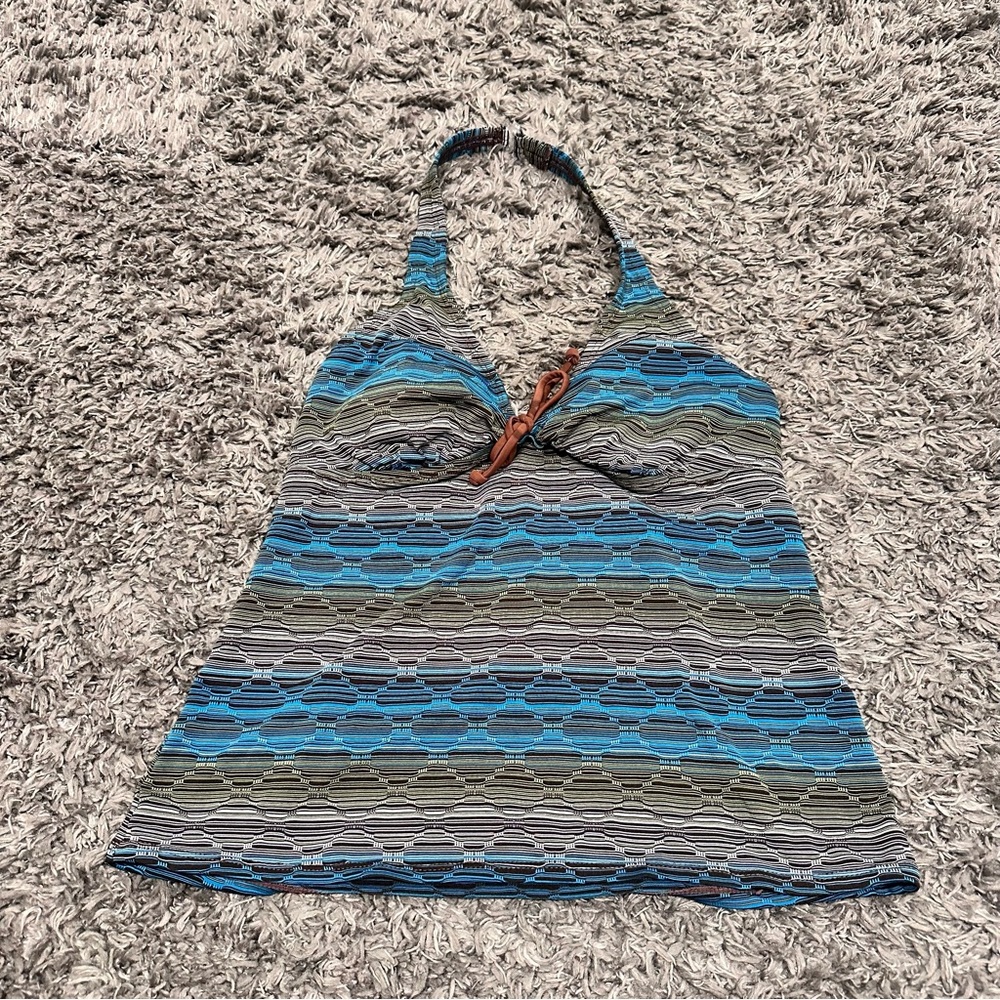 Y2K Tropical Escape Blue and Gray Striped Halter Tankini Top